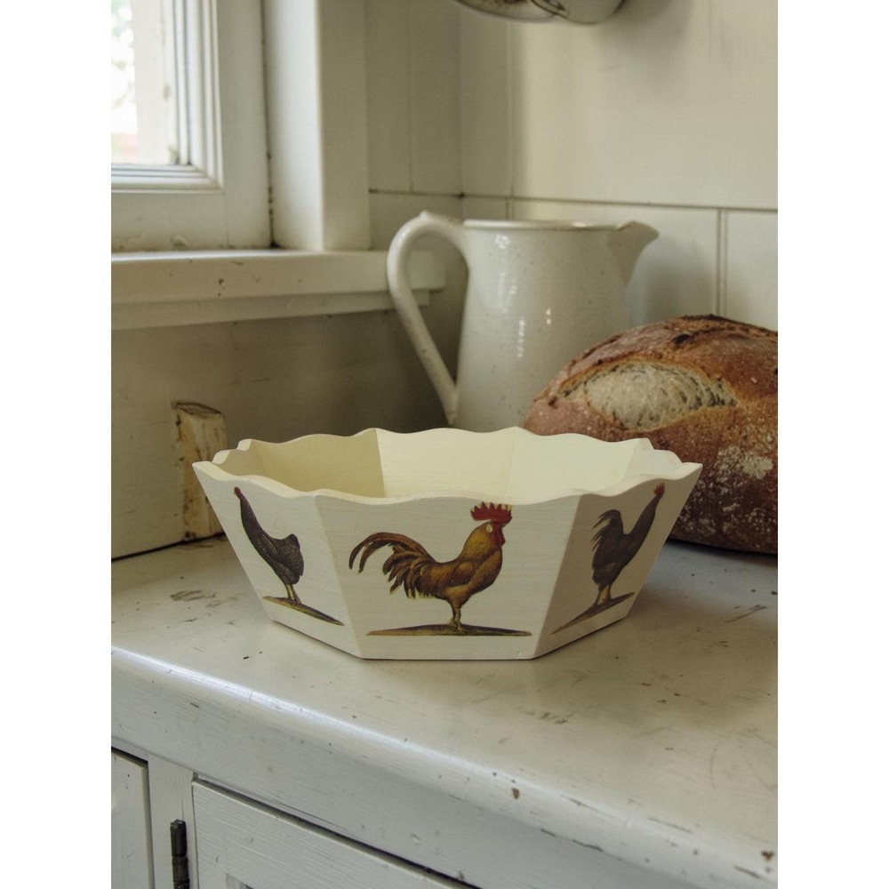 Farmhouse Rustic Roosters & Hens Wooden Ornate Bowl